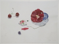 Stockrosenblte in japanischem Tellerchen mit Frchten und Fliege, 2013, Aquarell und Graphit auf Hadern