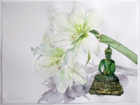 Weie Amaryllis mit Buddha, 2013, Aquarell und Graphit auf Hadern